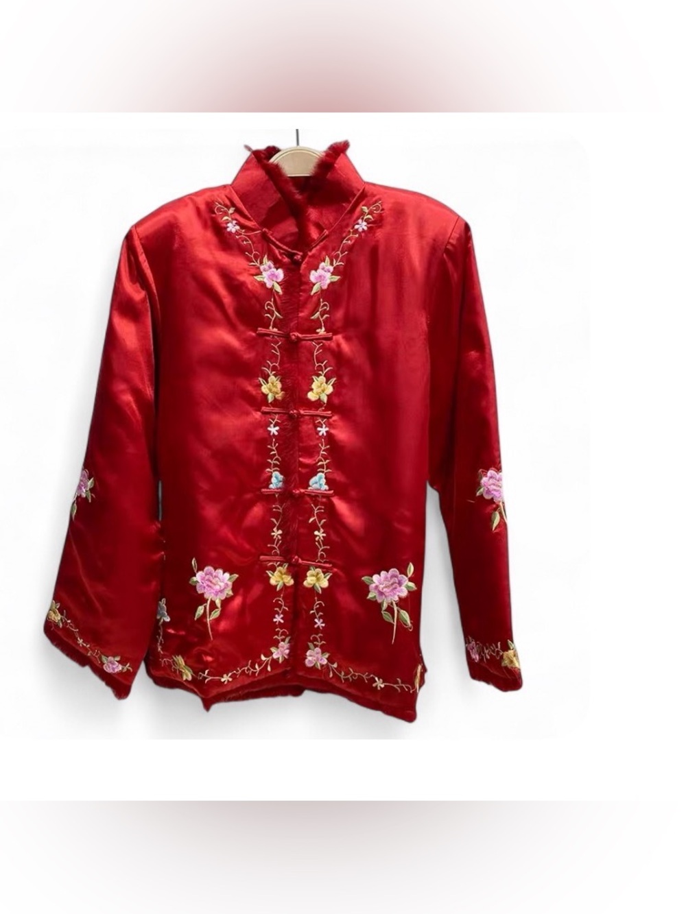 Embroidered Red Satin Women's puffer Jacket